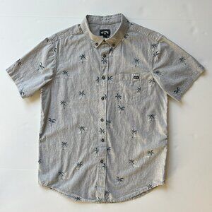 BILLABONG Men's S Button Down Short Sleeve Shirt Gray w/Navy Palm Tree Print EUC
